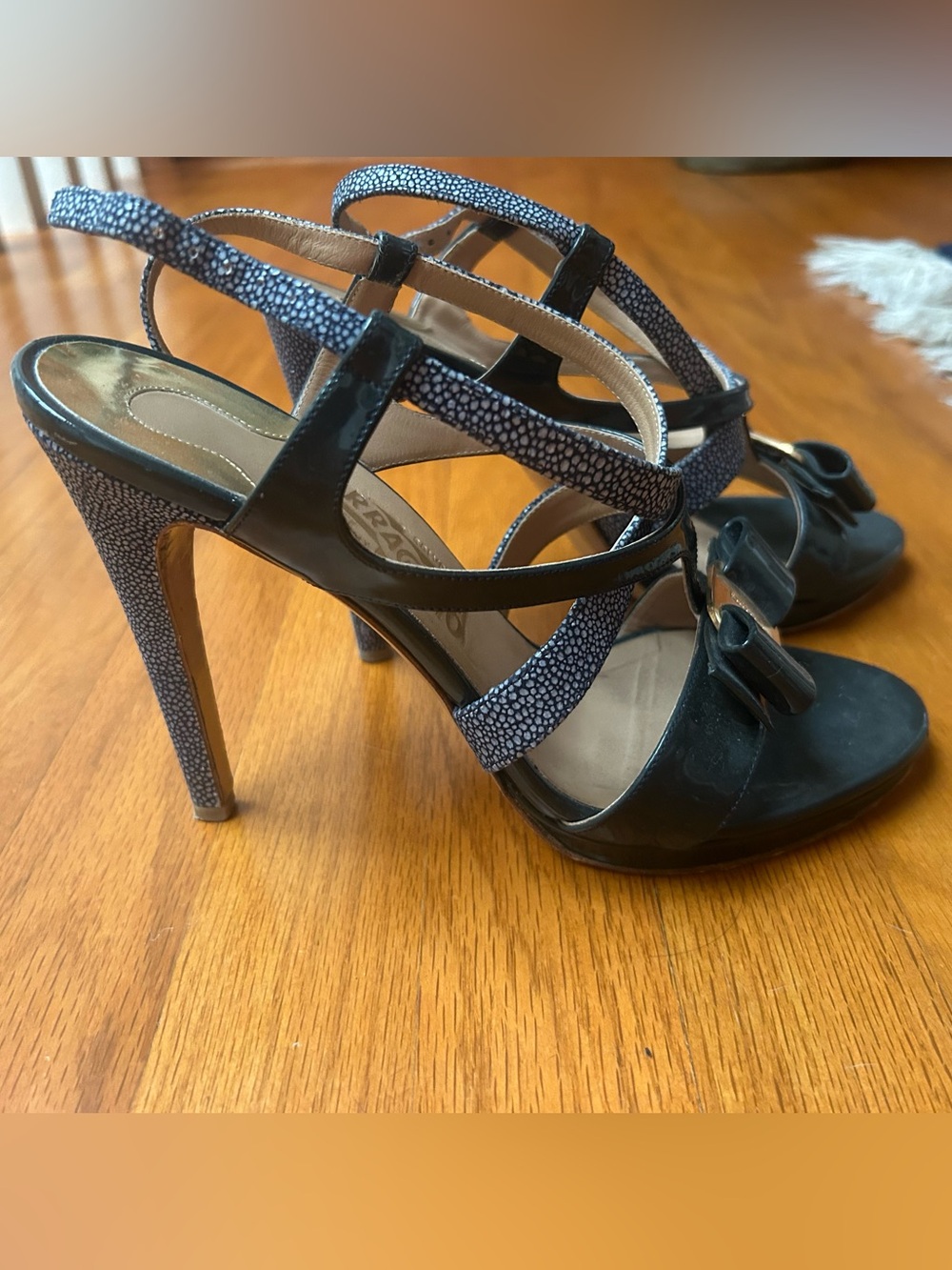 Salvatore Ferragamo Navy Blue Patent and Speckled Navy Strappy High Heels